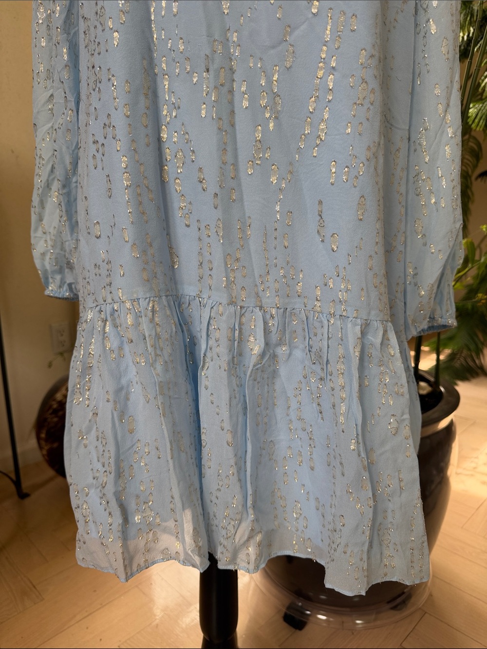 Lilly Pulitzer Pale Blue Metallic-Print Long Sleeve Ruffle Dress - Picture 3 of 10